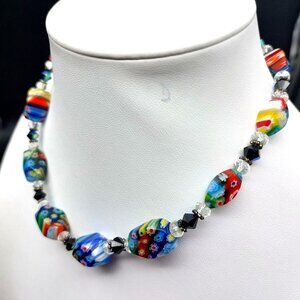 Vintage Millefiori Glass Beaded Necklace With Colorful Floral Patterns Adjustabl